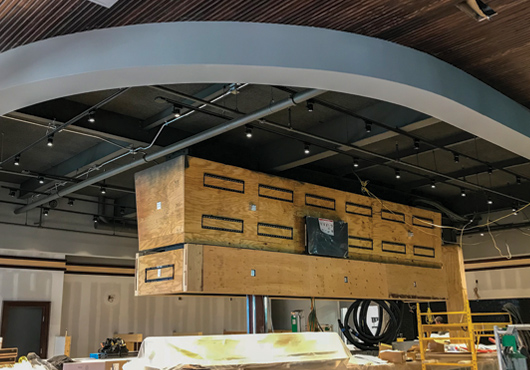 The interior/exterior renovation of Tony C’s Sports Bar & Grill in Peabody required LGMF and HGMF of soffits and TV bar center soffit as well as TECTUM ceilings.