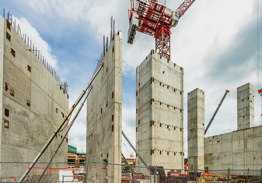 A shot of the large shear walls and concrete cores placed at the Boston Arts Academy across from the iconic Fenway Park in Boston.