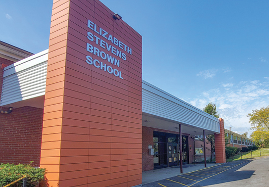 A view of the newly renovated front entrance of Elizabeth S. Brown Elementary in Swansea, MA, completed in October 2020. The school was built by Rebecca Collins’ grandfather and the F.L. Collins & Sons Incorporated team circa 1966.