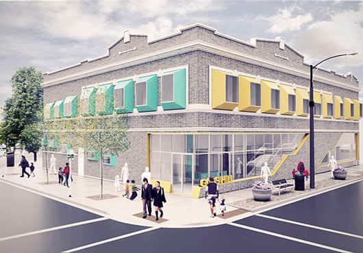Rendering of one of GMA Construction Group’s projects, Gads Hill Center in Brighton Park, shows the conversion of an existing commercial space into a  full-service early childhood learning facility.