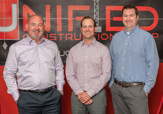 Left to right: Senior Vice President Noel Valenti, President Nathan Ries and Vice President of Operations Erik Bolsinger reunited at Unified Construction Group after working together as a cohesive project management team on multiple high-rise condominiums in Chicago.
