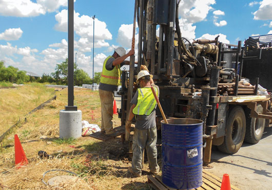 Drilling soil borings is one aspect of due diligence activities at a manufacturing facility in Texas.
