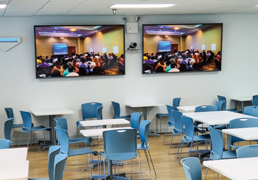 The Audio Visual Group installs Crestron-controlled quad matrix displays equipped with a Cisco video conferencing codec in the break room of The Clorox Company facility in Sunrise, FL. 