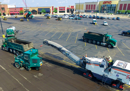 Allied Blacktop CO. crews make asphalt repairs over a three-day period for Rosedale Center shopping mall in Roseville, MN.