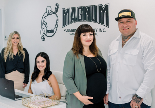 Magnum Plumbing Company Inc. is always ready to respond quickly to customer needs. Pictured from right to left: President Aven Martin; Operations Manager MaryAnne Martin; Administrative Assistant Thai Costa; and Project Coordinator Kelley Castillo.