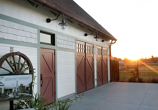 RealCraft’s entry and carriage doors are shown on a historic building at Founders’ Park in Anaheim, California.